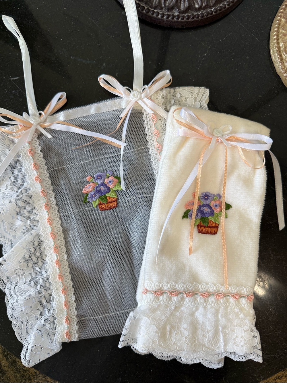 💐 Hand Crafted White and Pink Lace Hand Towel & Spare Toilet Paper Sachet 💐